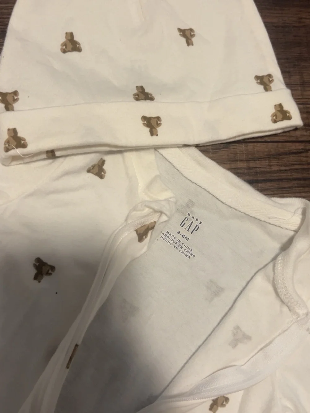 GAP White Baby Three-Piece Set with Tan Bear Print
